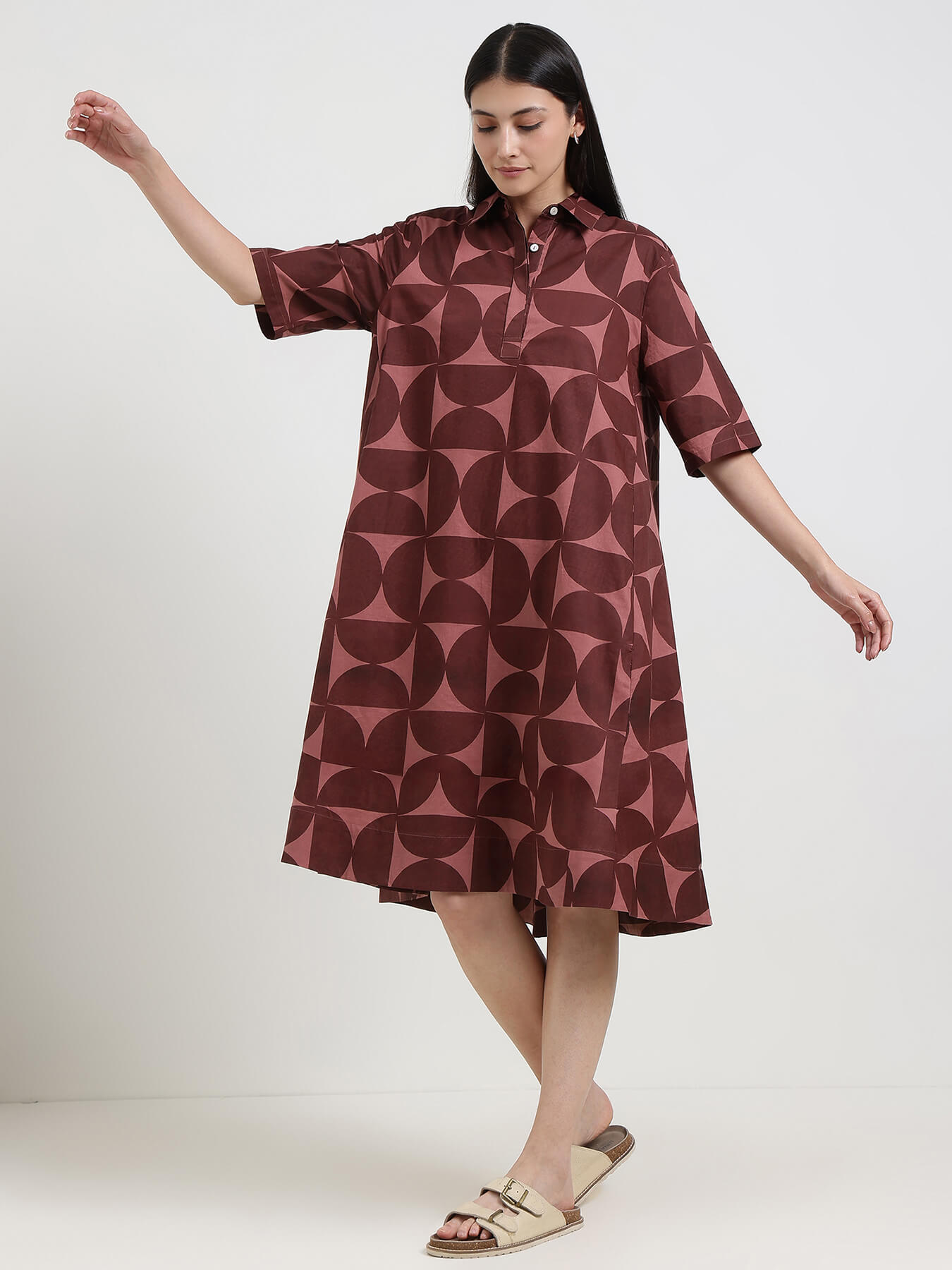 Cotton Geometric A-Line Dress - Burgundy