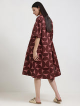 Cotton Geometric A-Line Dress - Burgundy