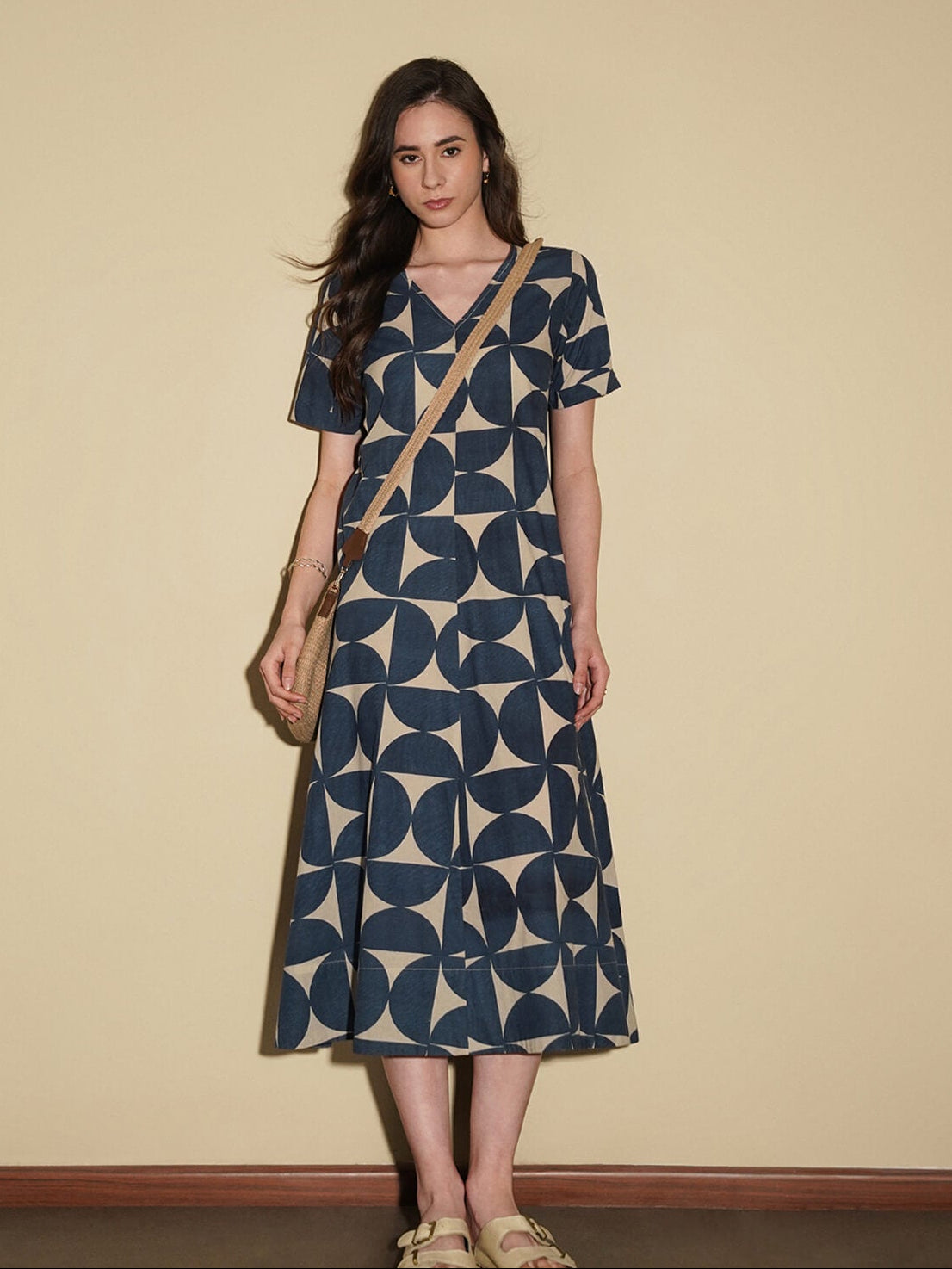 Cotton Geometric A-Line Dress - Beige & Blue