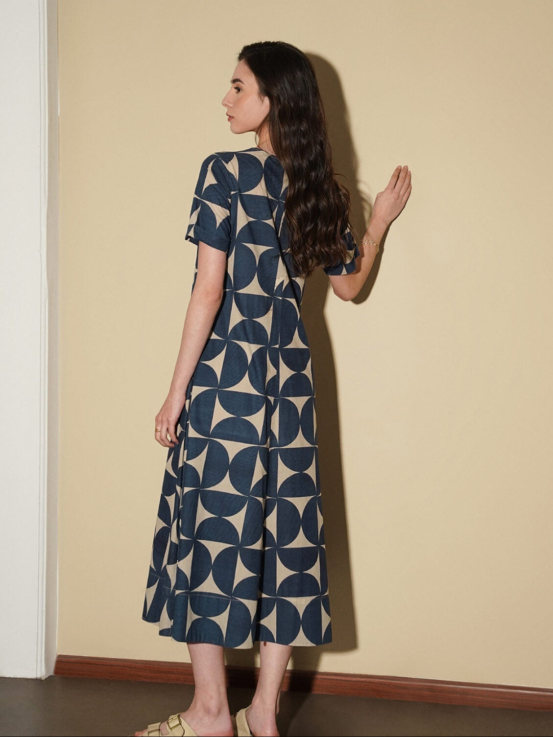 Cotton Geometric A-Line Dress - Beige & Blue