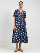 Cotton Geometric A-Line Dress - Beige & Blue