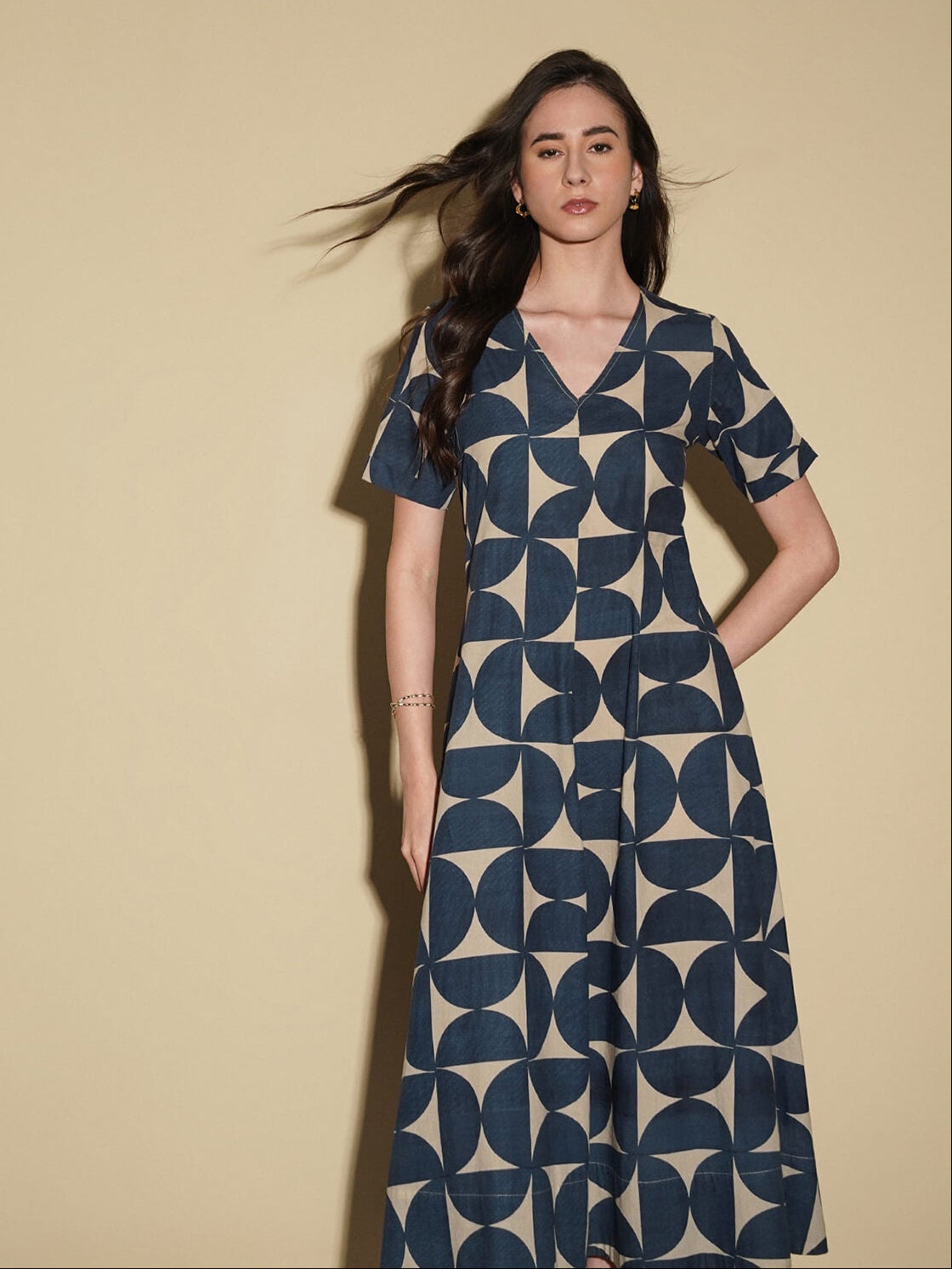 Cotton Geometric A-Line Dress - Beige & Blue