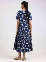 Cotton Geometric A-Line Dress - Beige & Blue