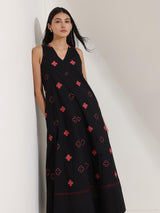 Cotton Geometric A-Line Dress - Black