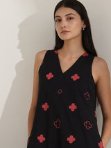 Cotton Geometric A-Line Dress - Black