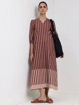 Cotton Striped A-Line Dress - Brown