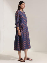 Cotton Geometric A-Line Dress - Blue