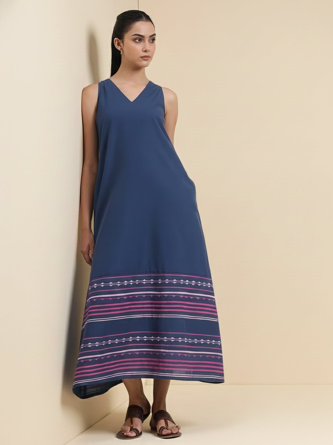 Cotton Striped A-Line Dress - Blue