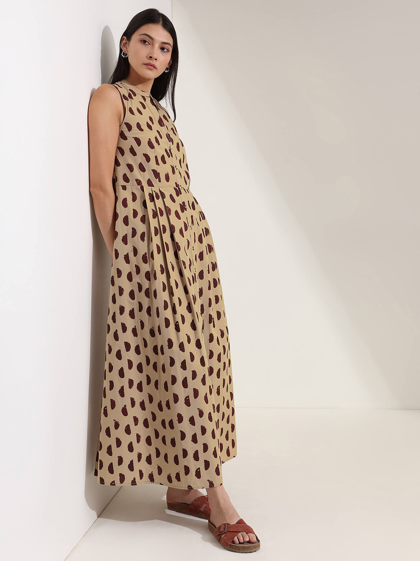 Cotton Geometric A-Line Dress - Beige