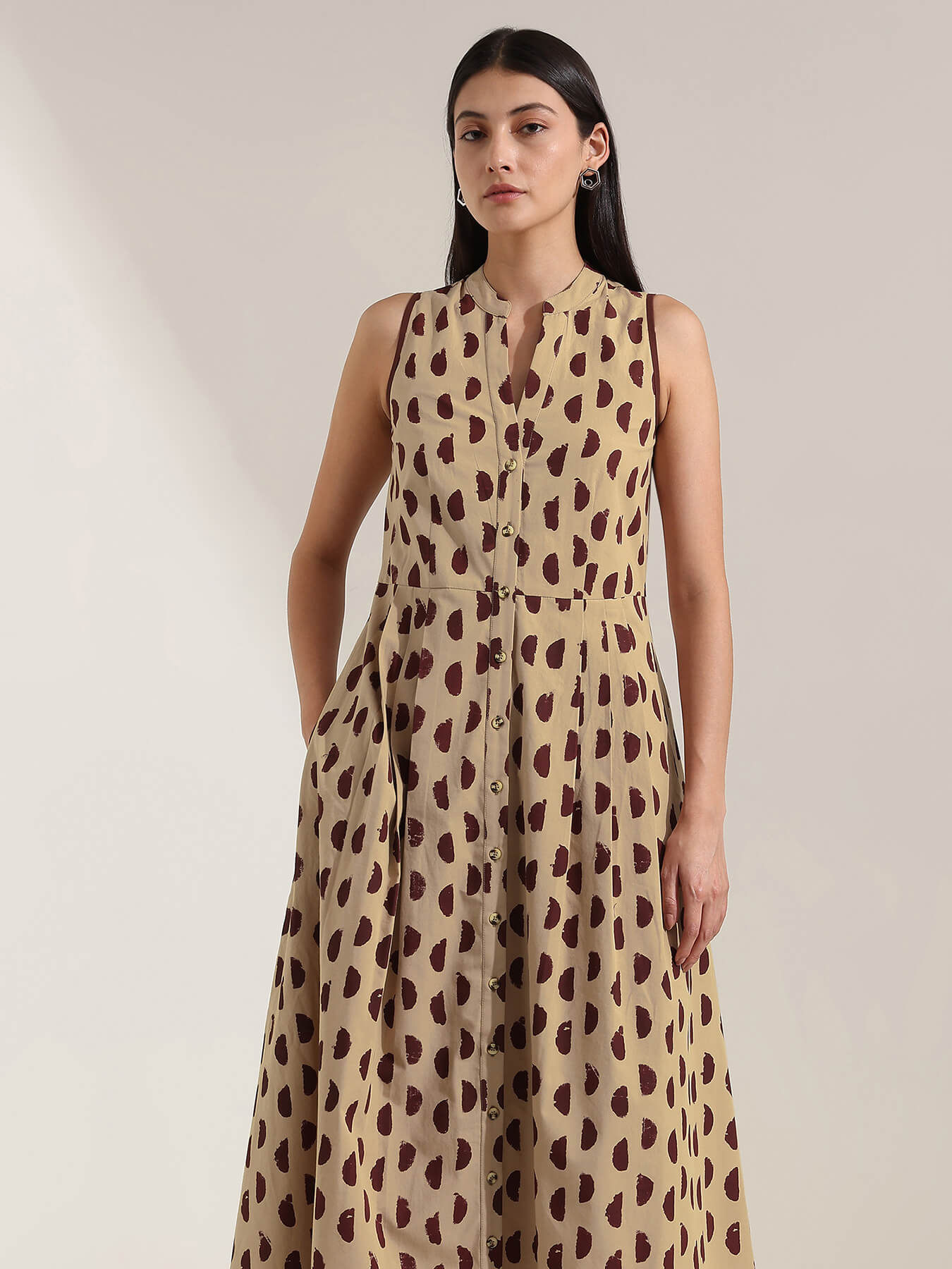 Cotton Geometric A-Line Dress - Beige
