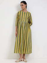 Cotton Striped A-Line Dress - Green