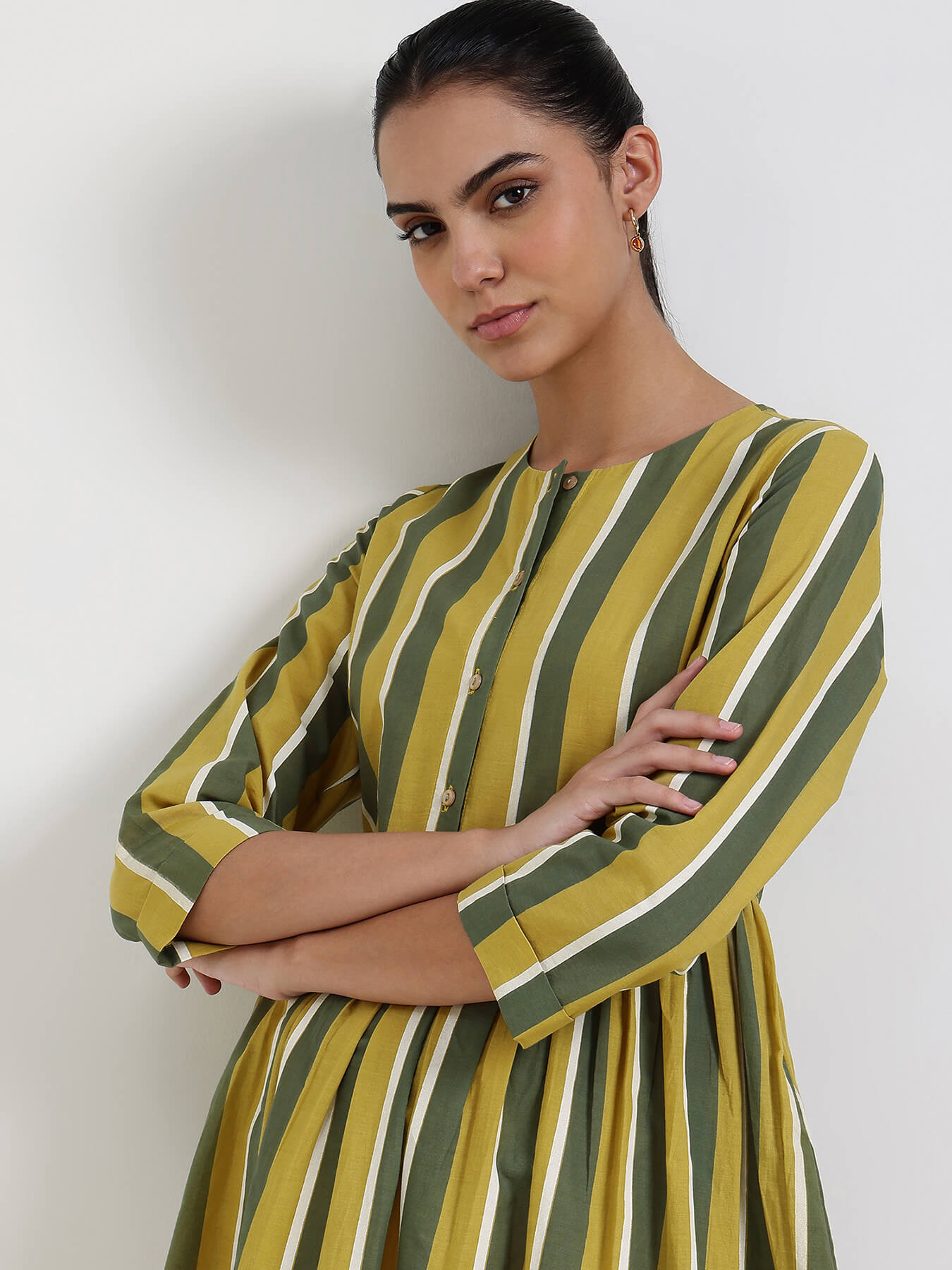 Cotton Striped A-Line Dress - Green