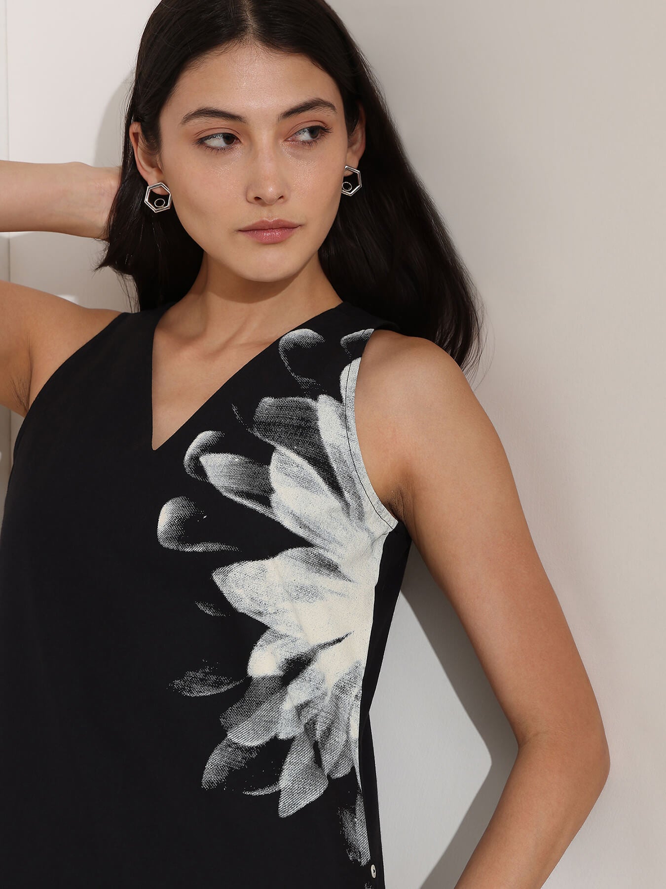 Cotton Floral A-Line Dress - Black