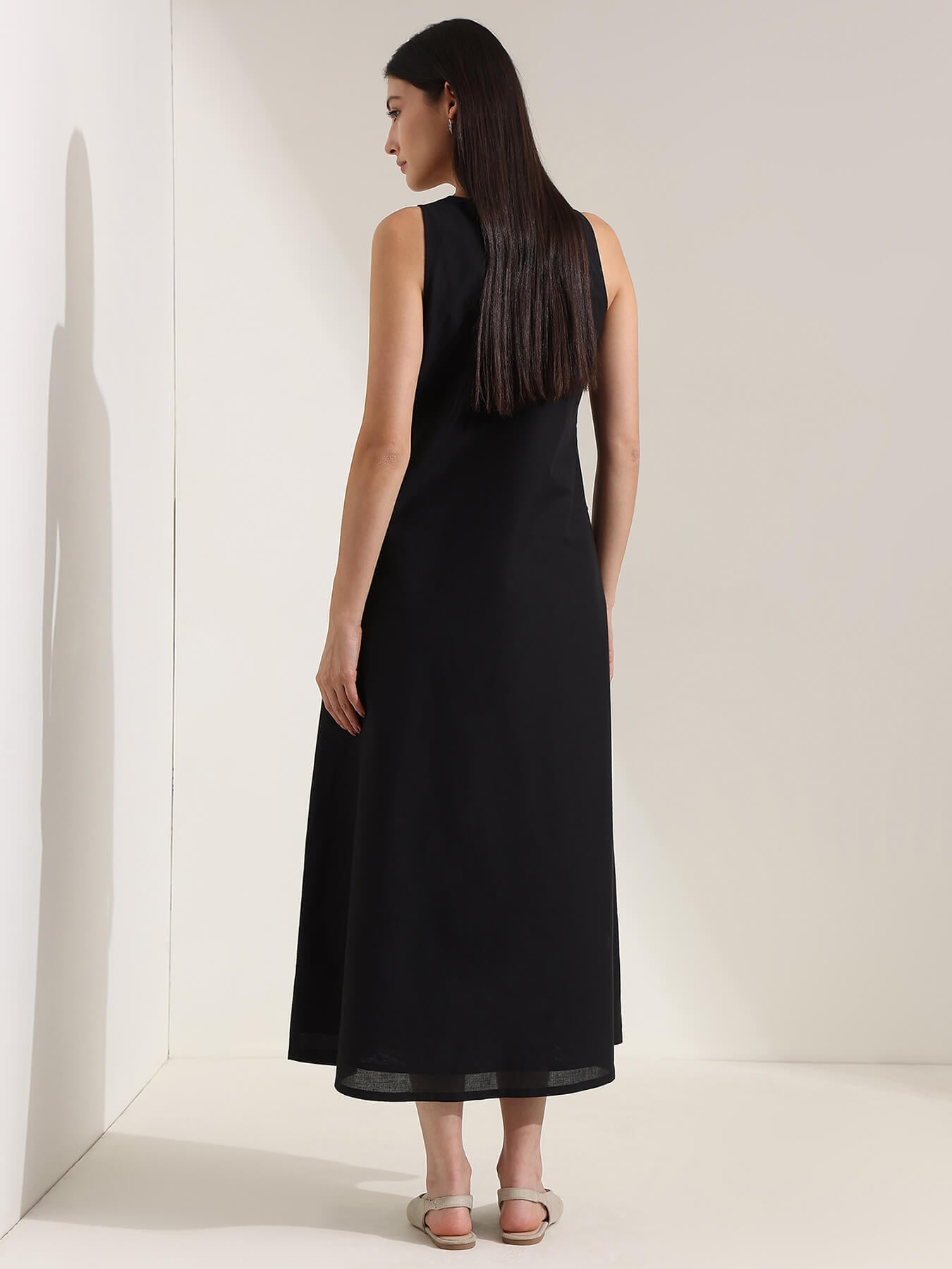 Cotton Floral A-Line Dress - Black