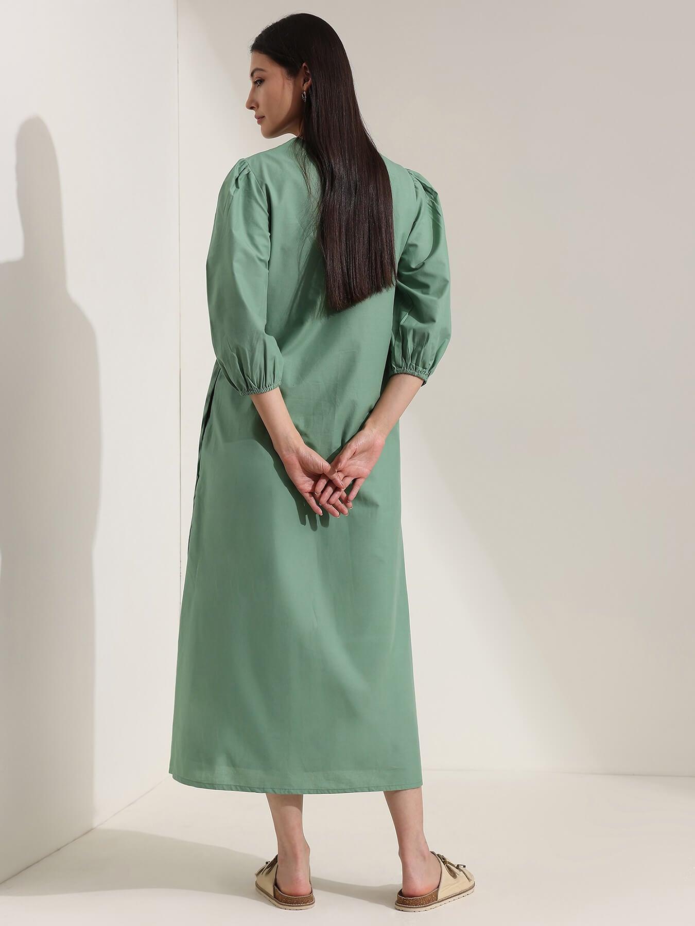 Cotton Floral A-Line Dress - Green