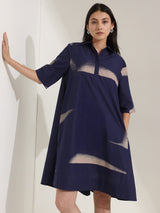 Cotton Geometric A-Line Dress - Navy Blue