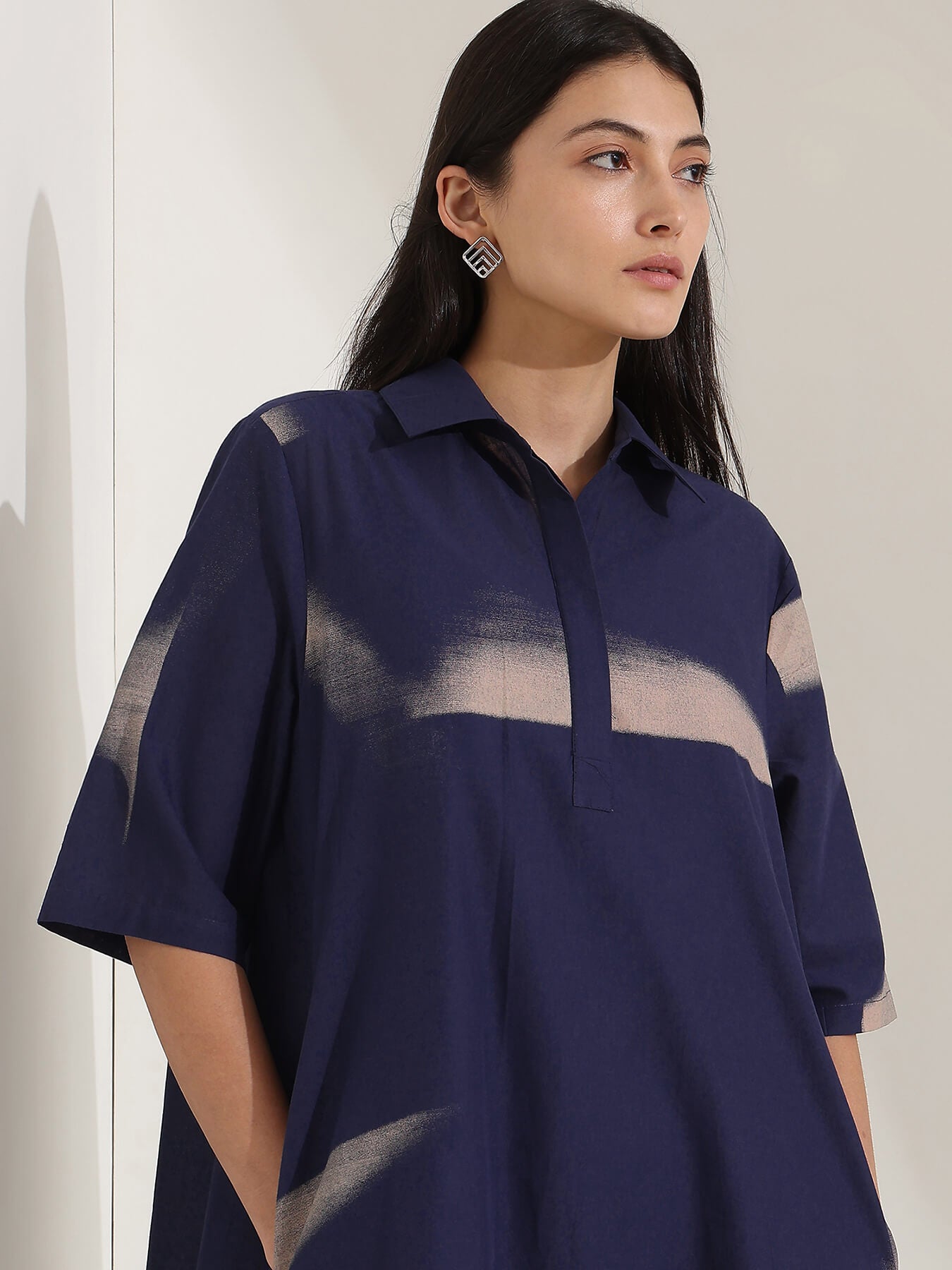 Cotton Geometric A-Line Dress - Navy Blue