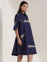 Cotton Geometric A-Line Dress - Navy Blue