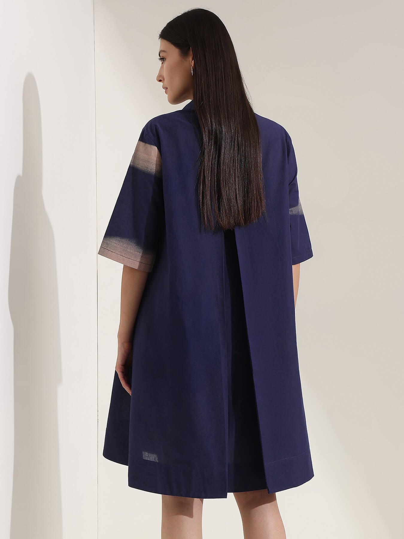 Cotton Geometric A-Line Dress - Navy Blue