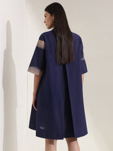 Cotton Geometric A-Line Dress - Navy Blue