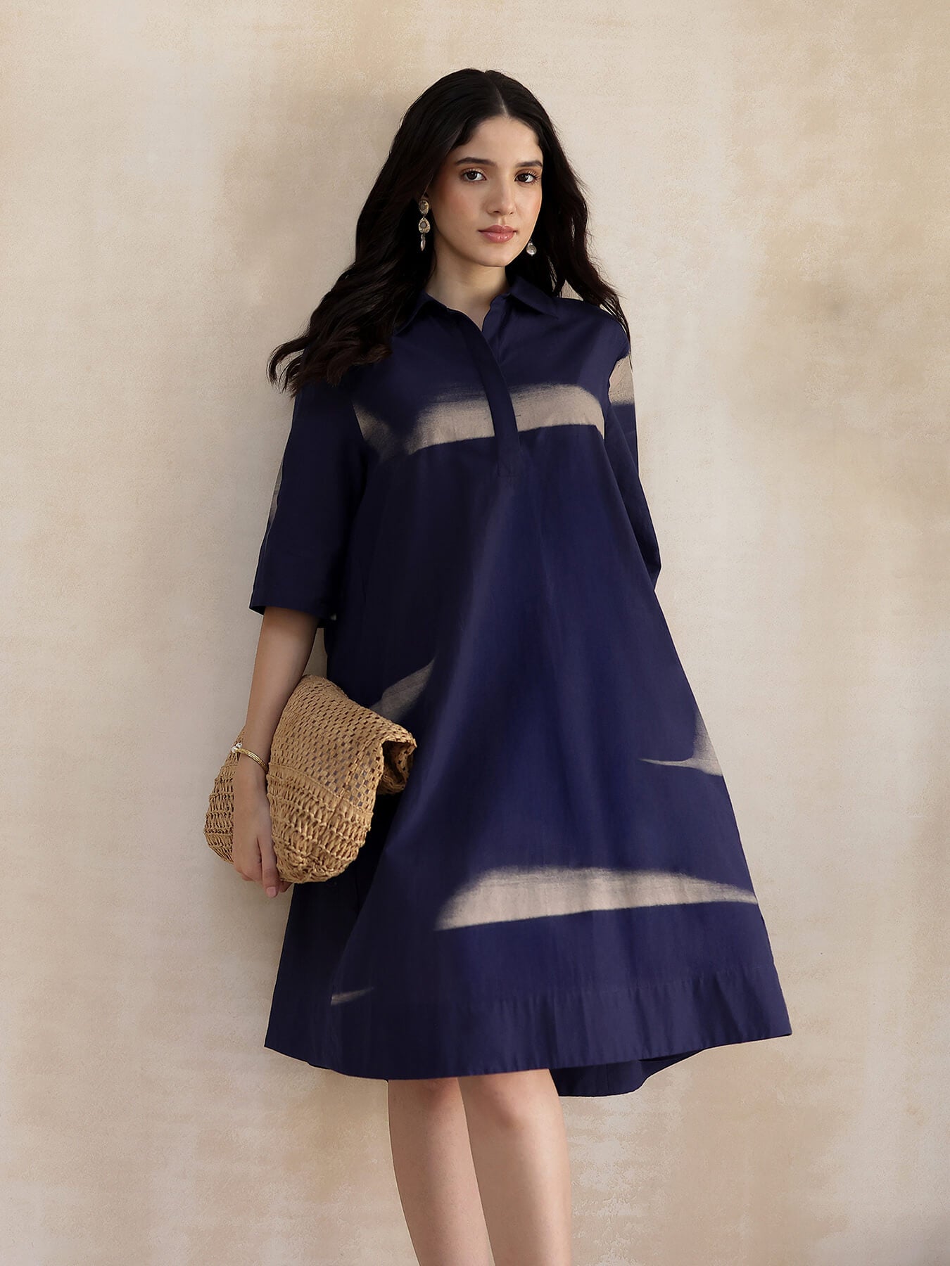 Cotton Geometric A-Line Dress - Navy Blue