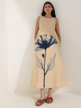 Cotton Floral A-Line Dress - Beige