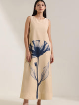 Cotton Floral A-Line Dress - Beige