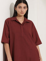 Linen Blend Solid A-Line Dress - Maroon
