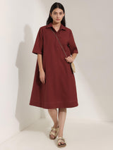 Linen Blend Solid A-Line Dress - Maroon