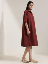 Linen Blend Solid A-Line Dress - Maroon