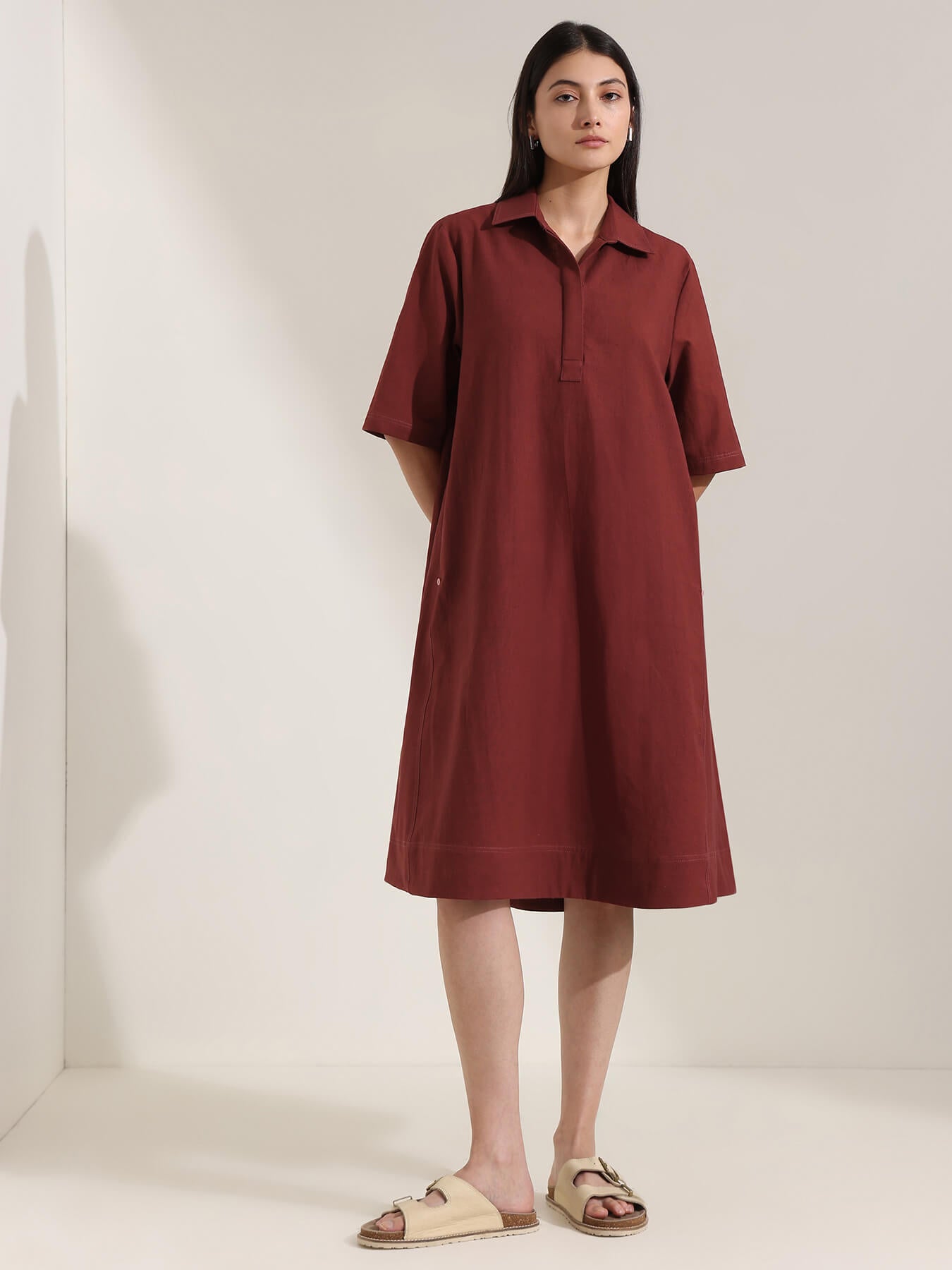 Linen Blend Solid A-Line Dress - Maroon
