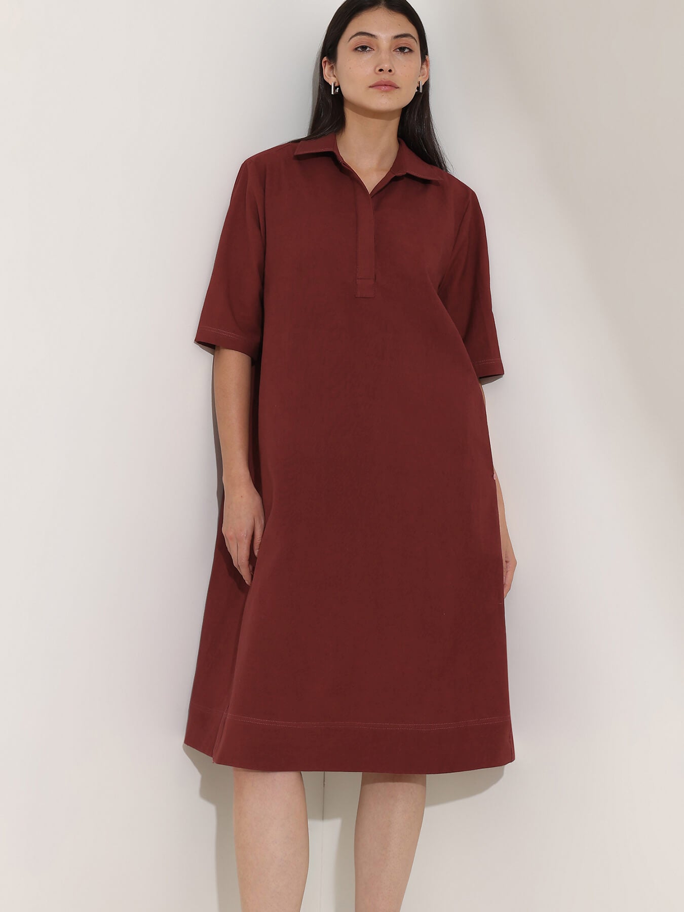 Linen Blend Solid A-Line Dress - Maroon
