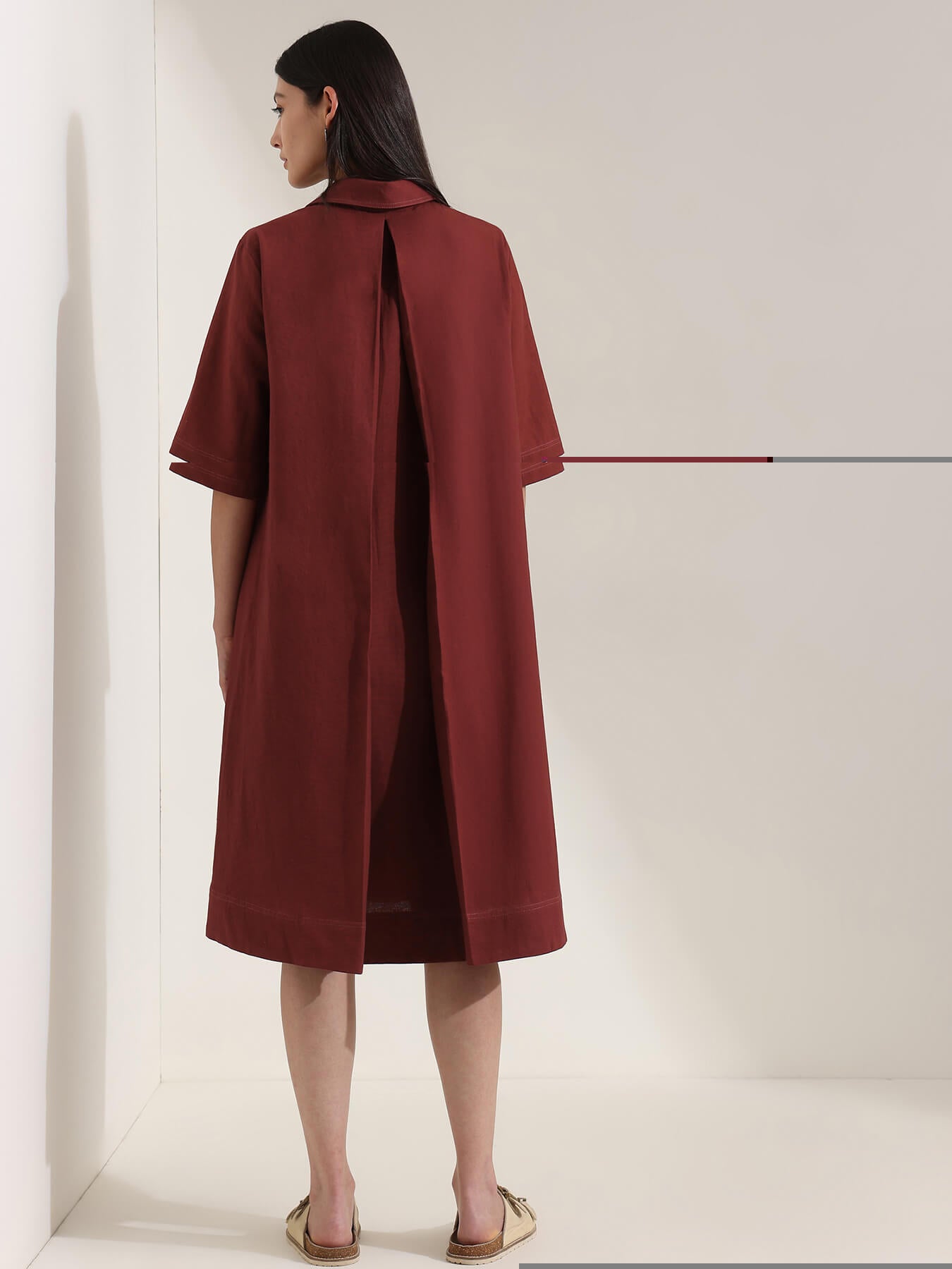 Linen Blend Solid A-Line Dress - Maroon