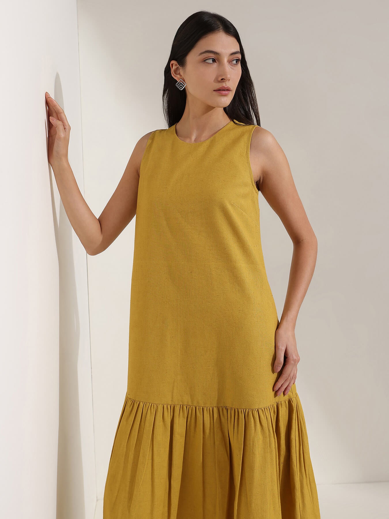 Linen Blend Solid Fit and Flare Dress - Yellow
