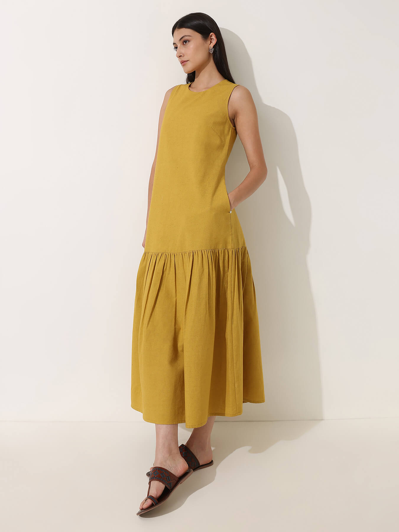 Linen Blend Solid Fit and Flare Dress - Yellow