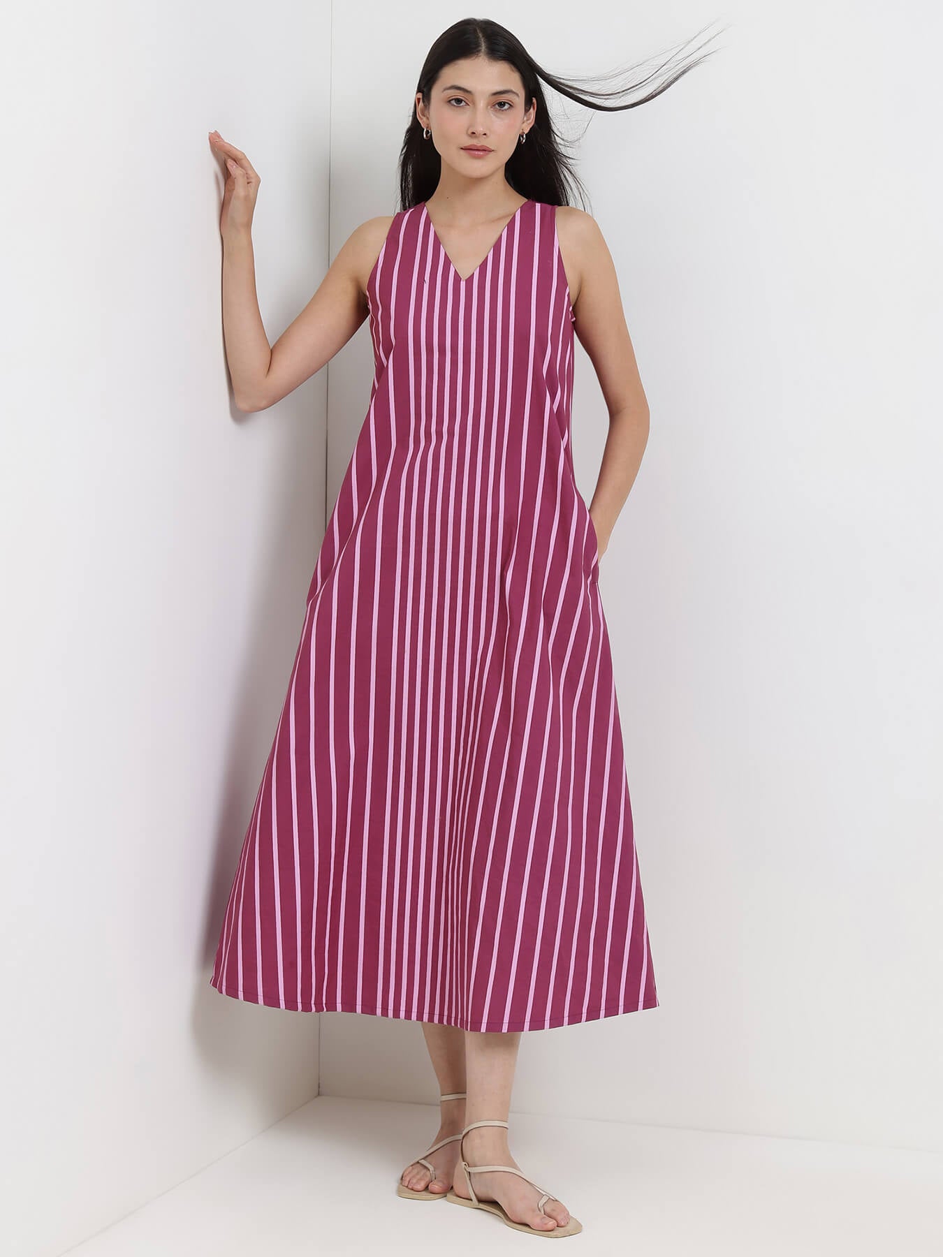 Cotton Striped A-Line Dress - Pink
