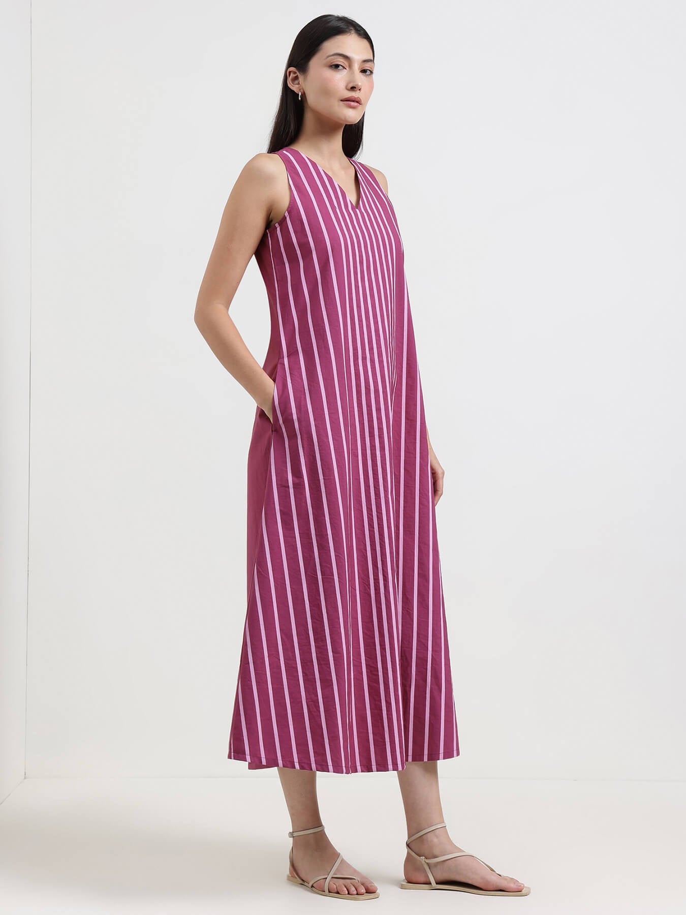 Cotton Striped A-Line Dress - Pink