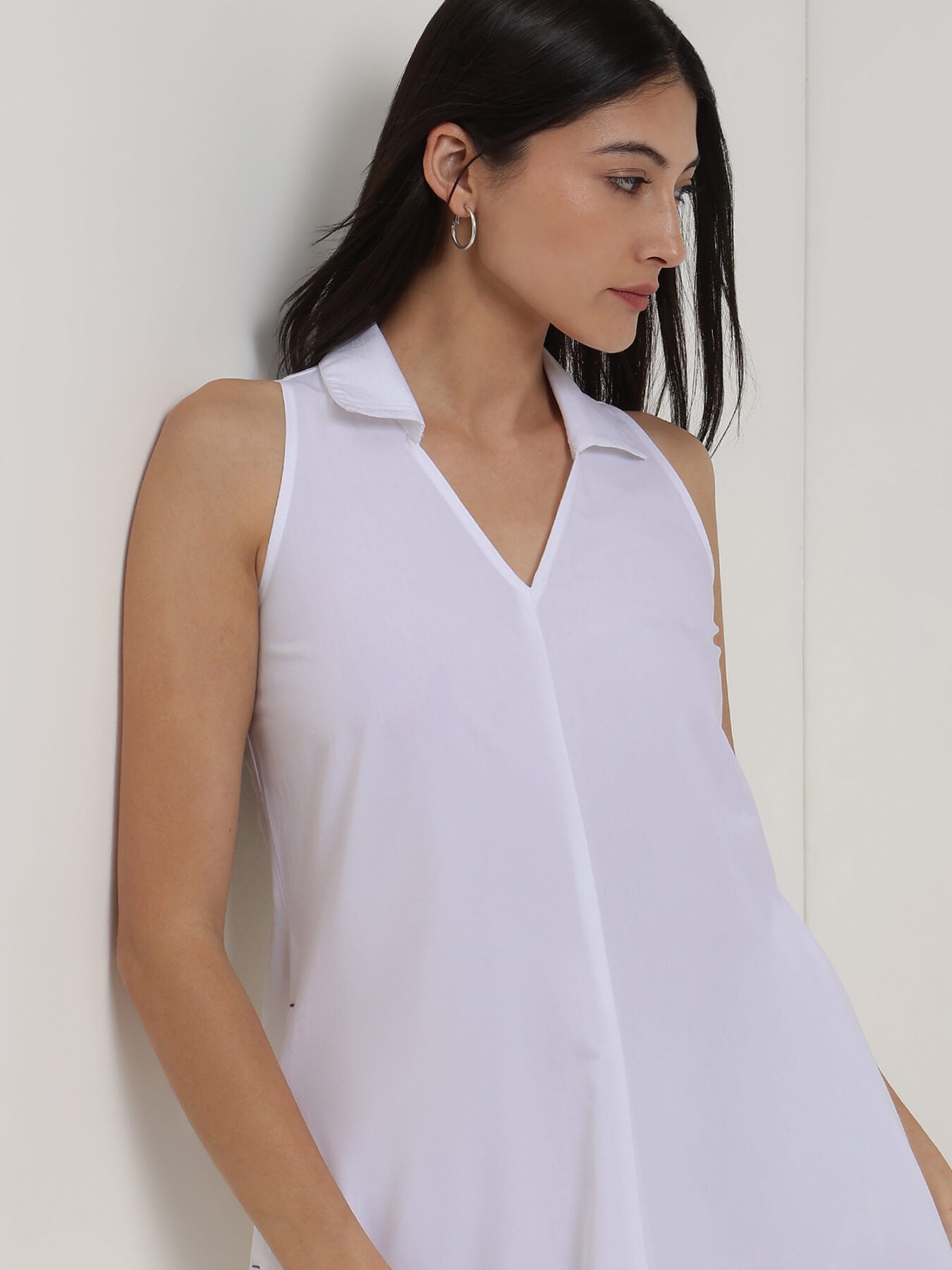 Cotton Solid Shirt Collar Dress - White