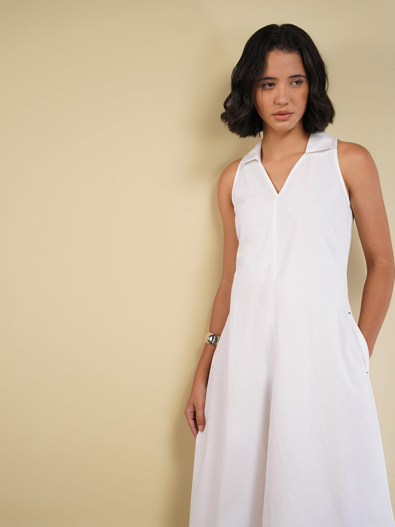 Cotton Solid Shirt Collar Dress - White