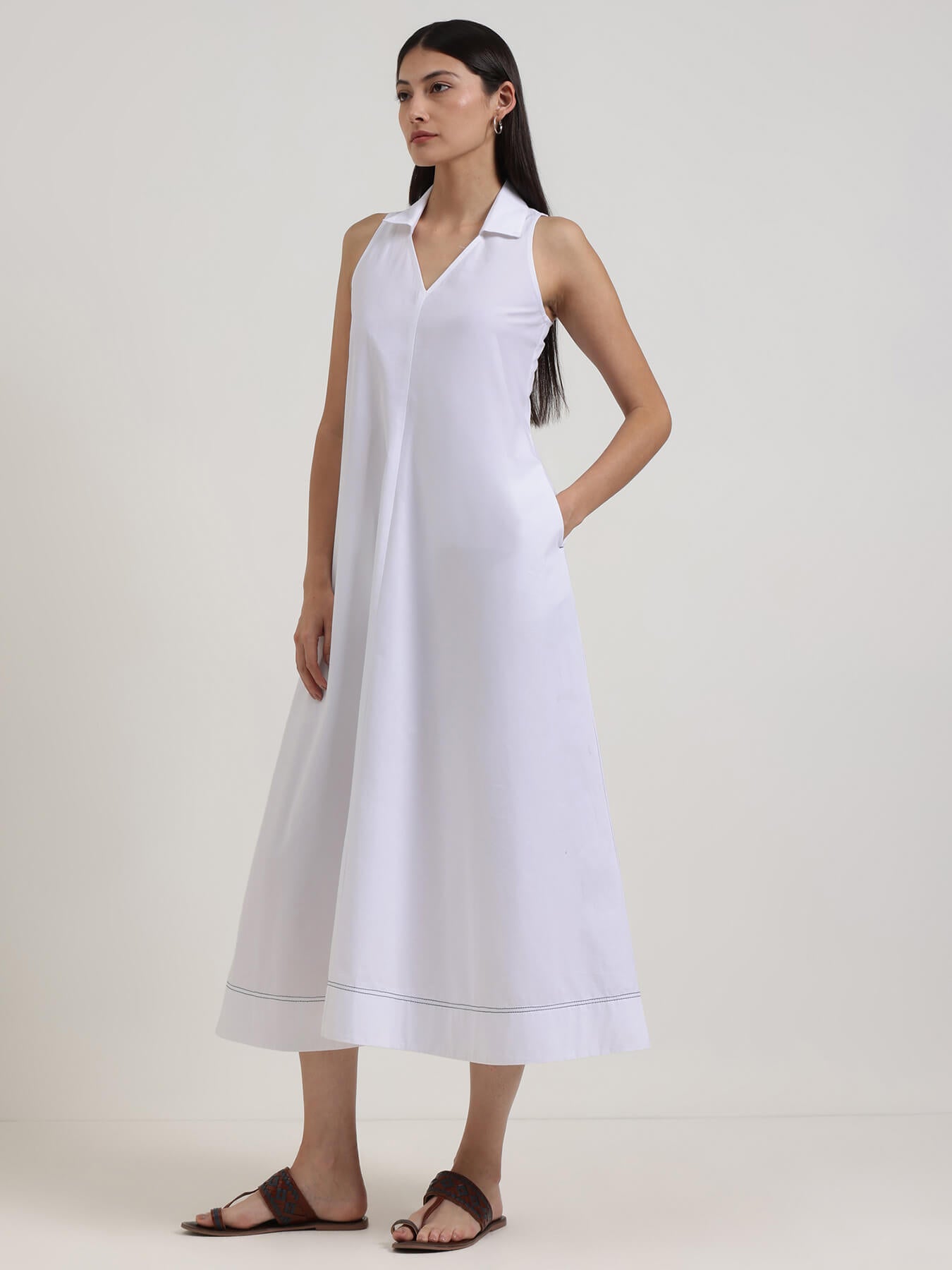 Cotton Solid Shirt Collar Dress - White