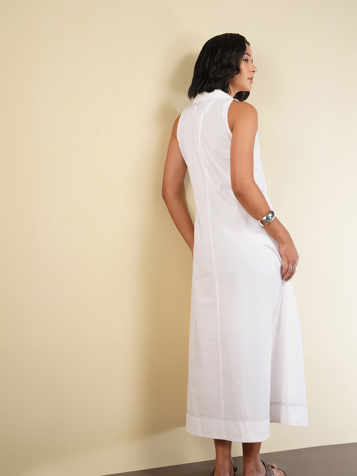Cotton Solid Shirt Collar Dress - White