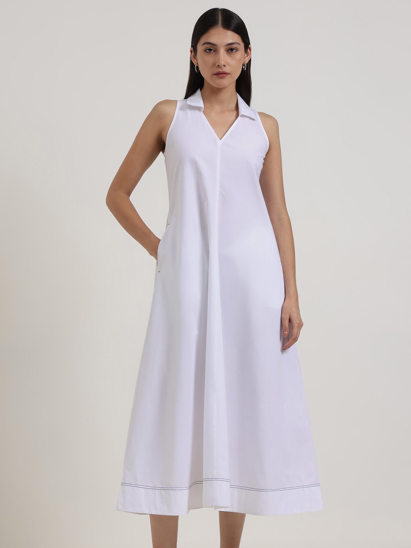 Cotton Solid Shirt Collar Dress - White