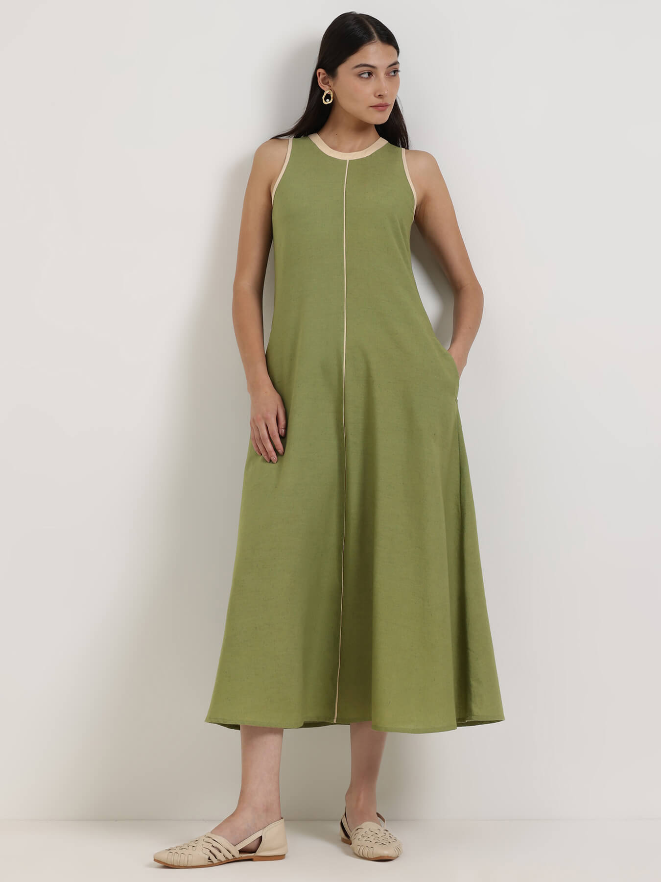 Linen Blend Solid A-Line Dress - Green