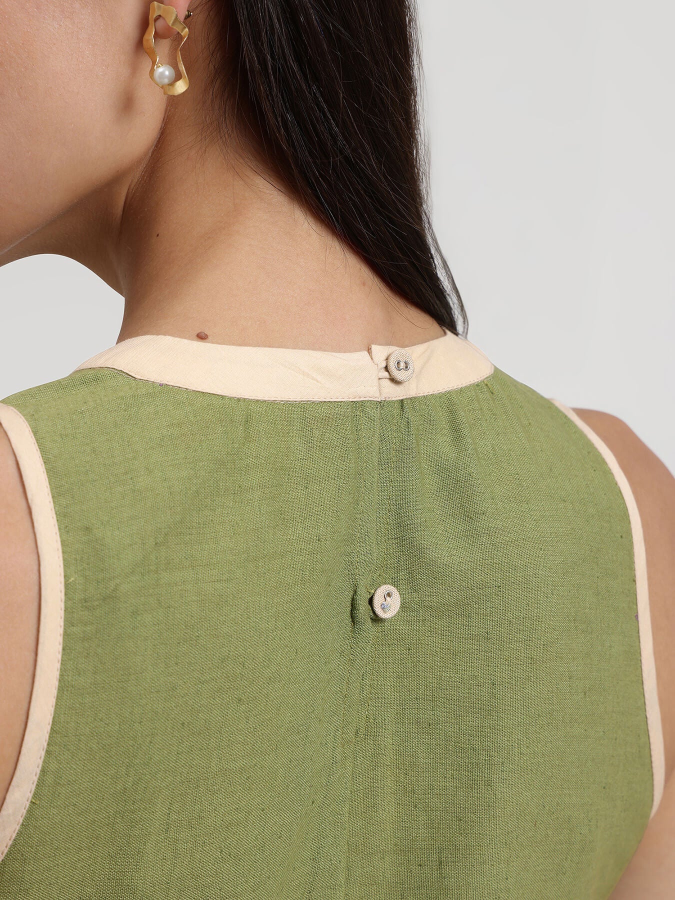 Linen Blend Solid A-Line Dress - Green