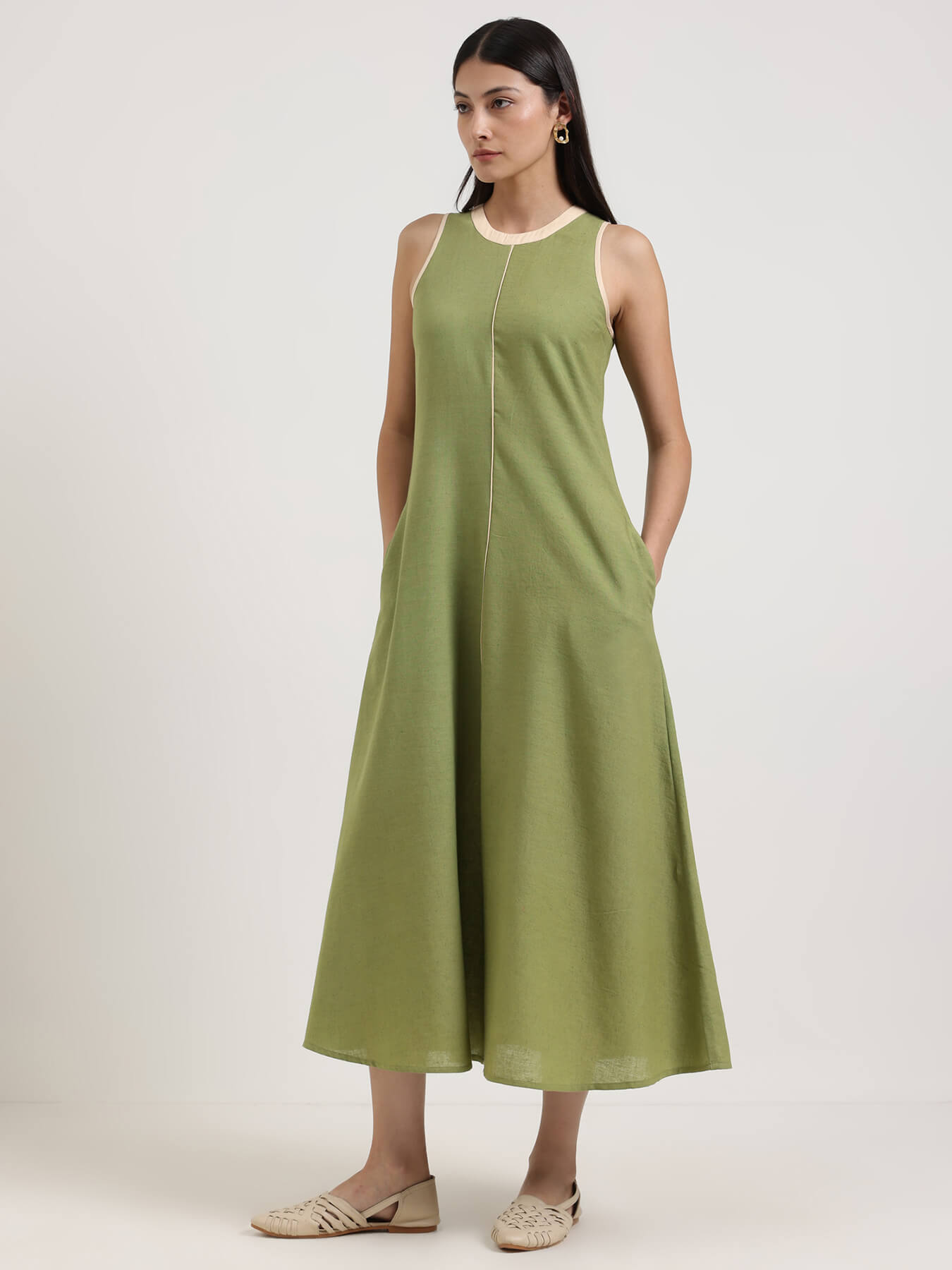 Linen Blend Solid A-Line Dress - Green