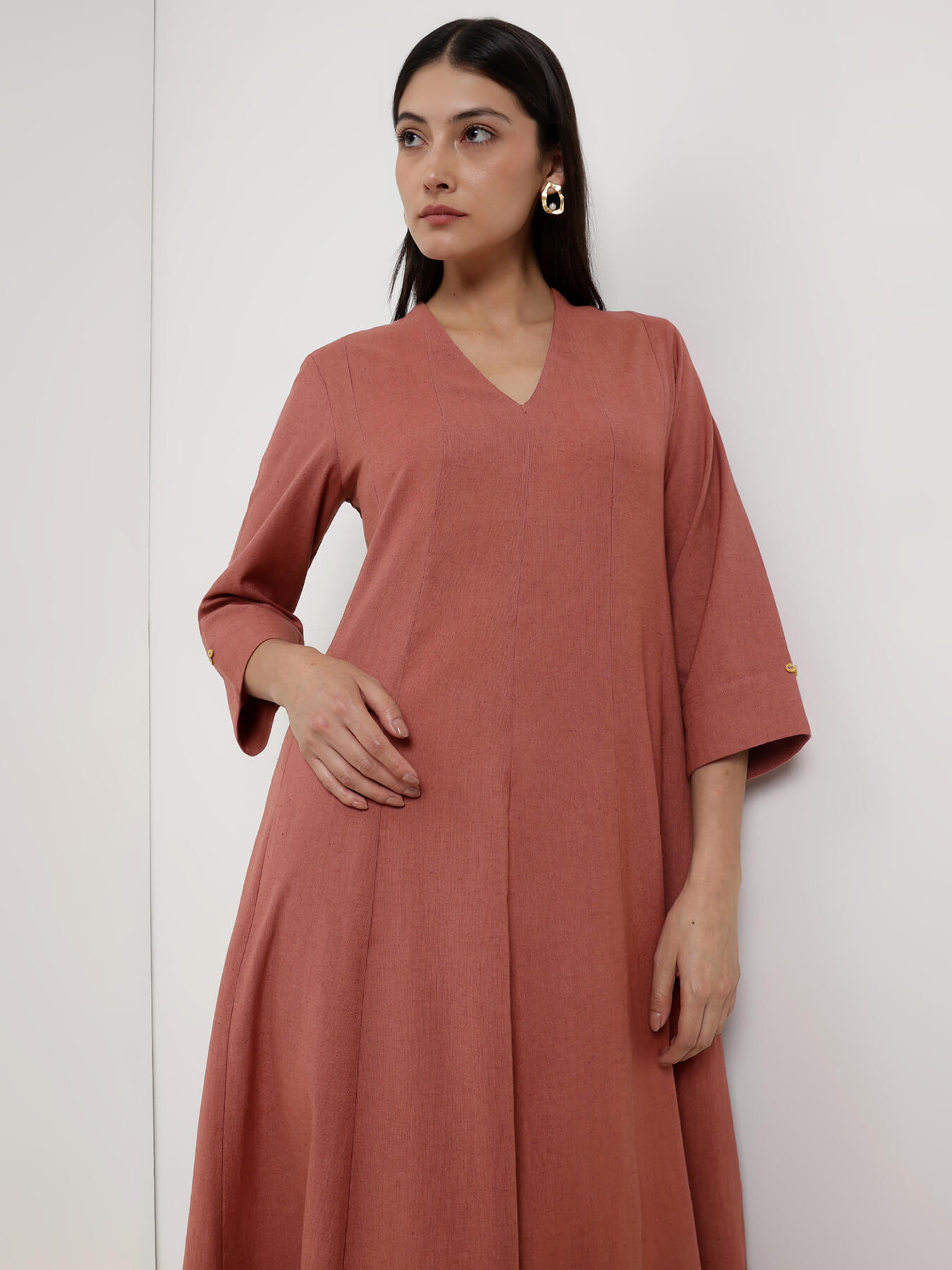 Linen Blend Solid A-Line Dress - Rust