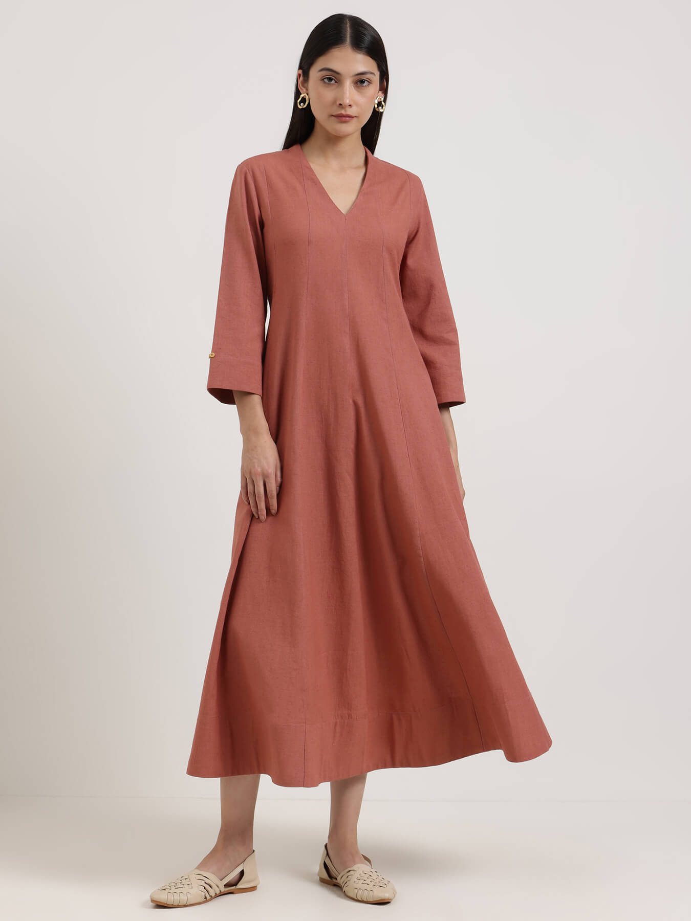 Linen Blend Solid A-Line Dress - Rust