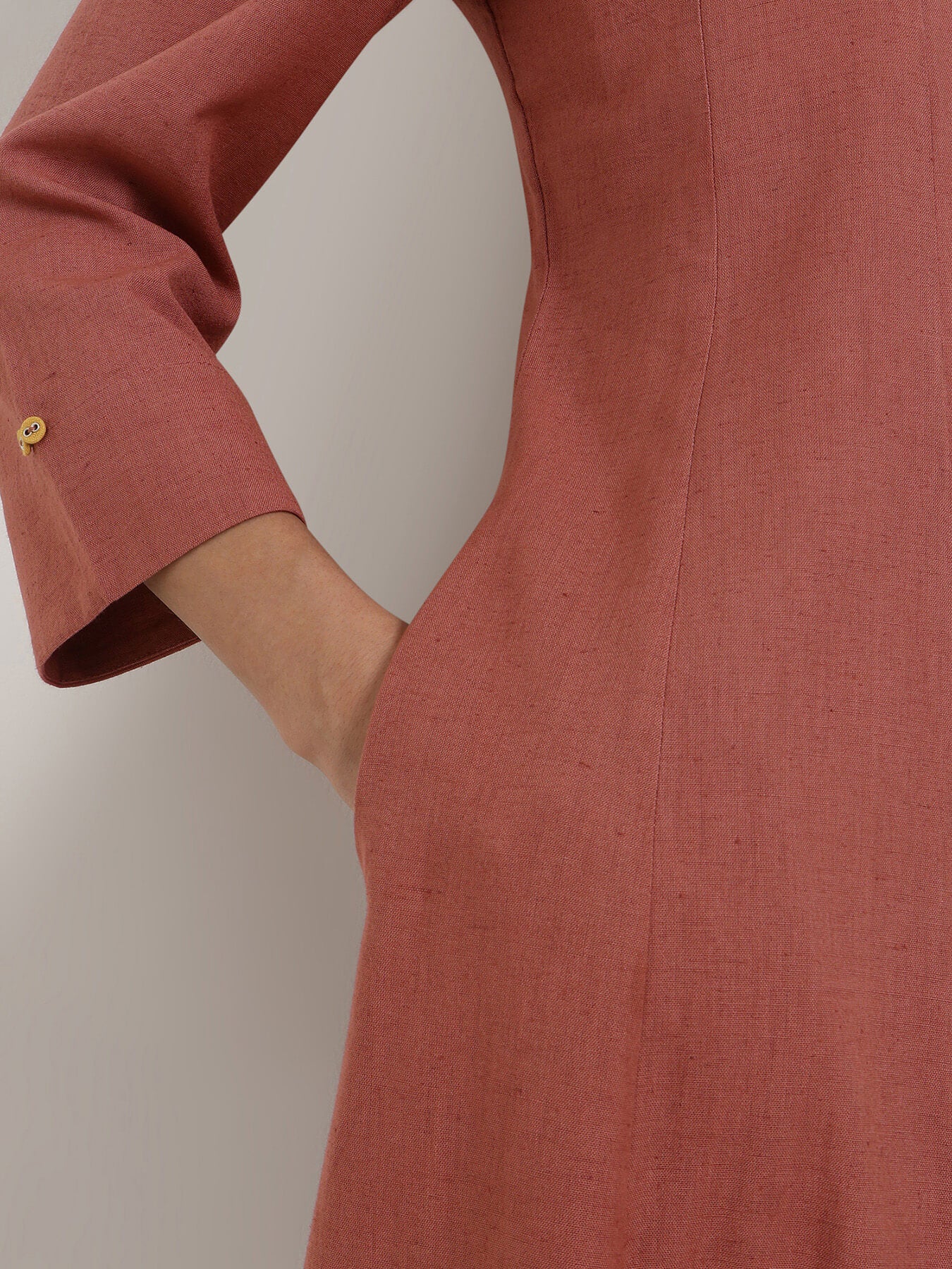 Linen Blend Solid A-Line Dress - Rust