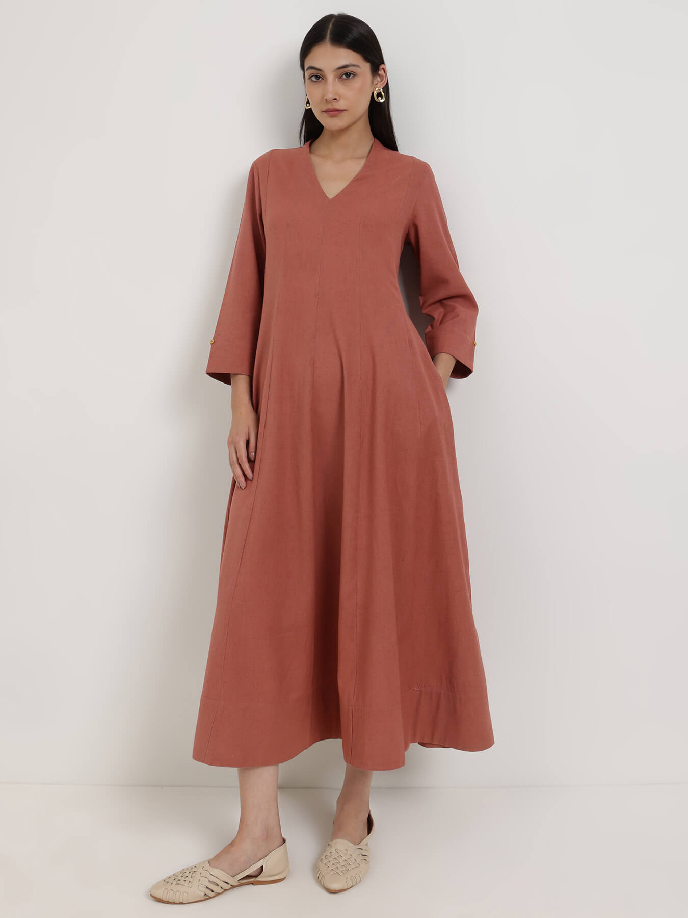 Linen Blend Solid A-Line Dress - Rust