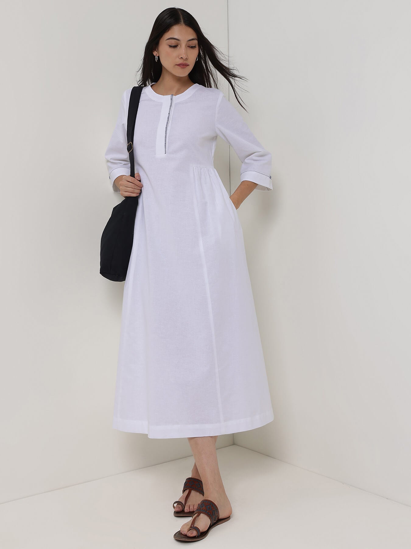 Linen Blend Solid Fit and Flare Dress - White